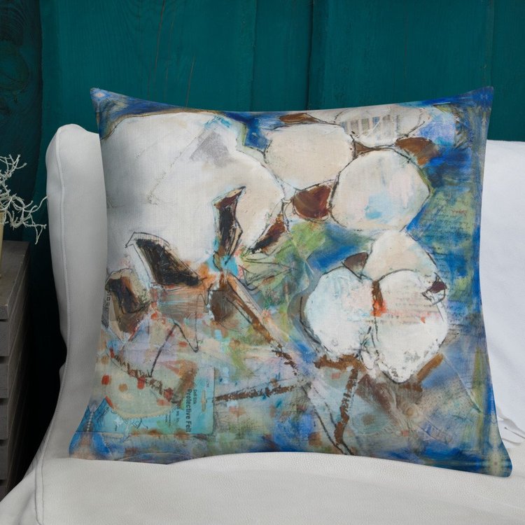 Vintage Cotton Collage with Denim Blue II Premium Pillow