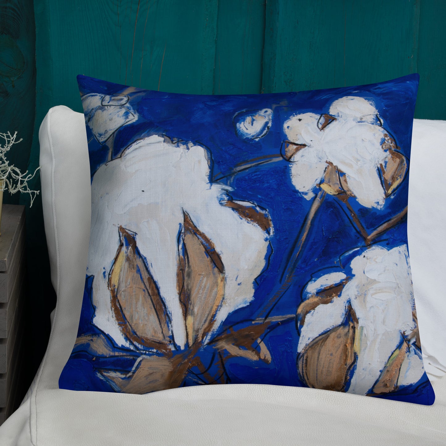 Cobalt Blue Cotton Stalks Premium Pillow