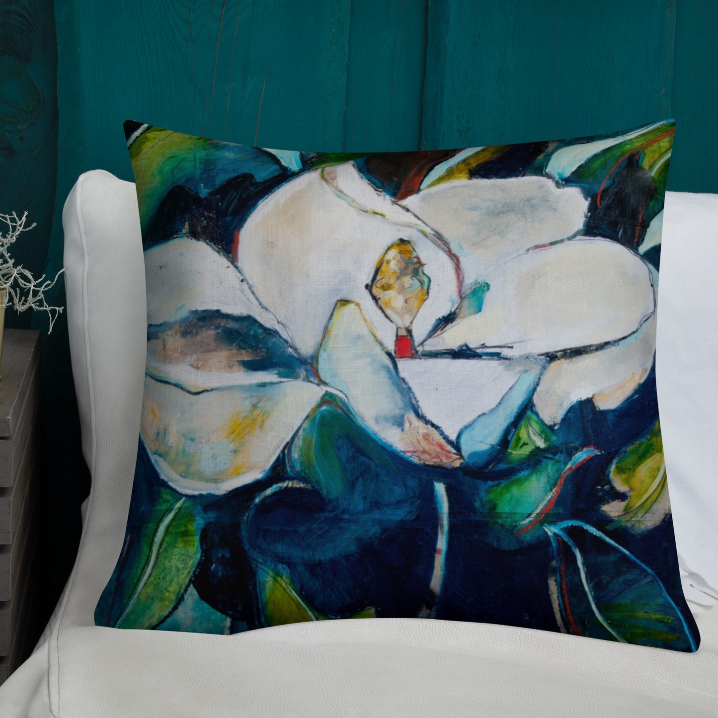 Teal Collage Magnolia Premium Pillow