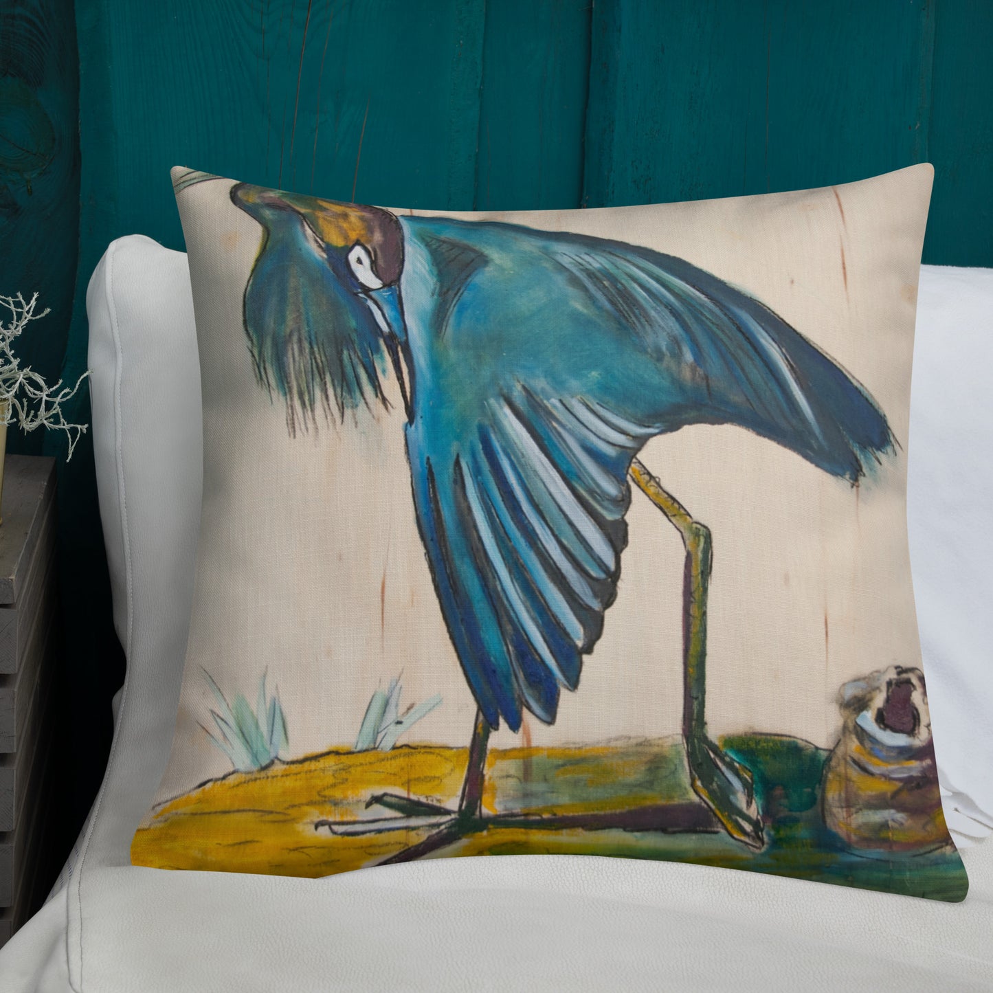 Blue Heron Showing Wing on Wood Premium Pillow