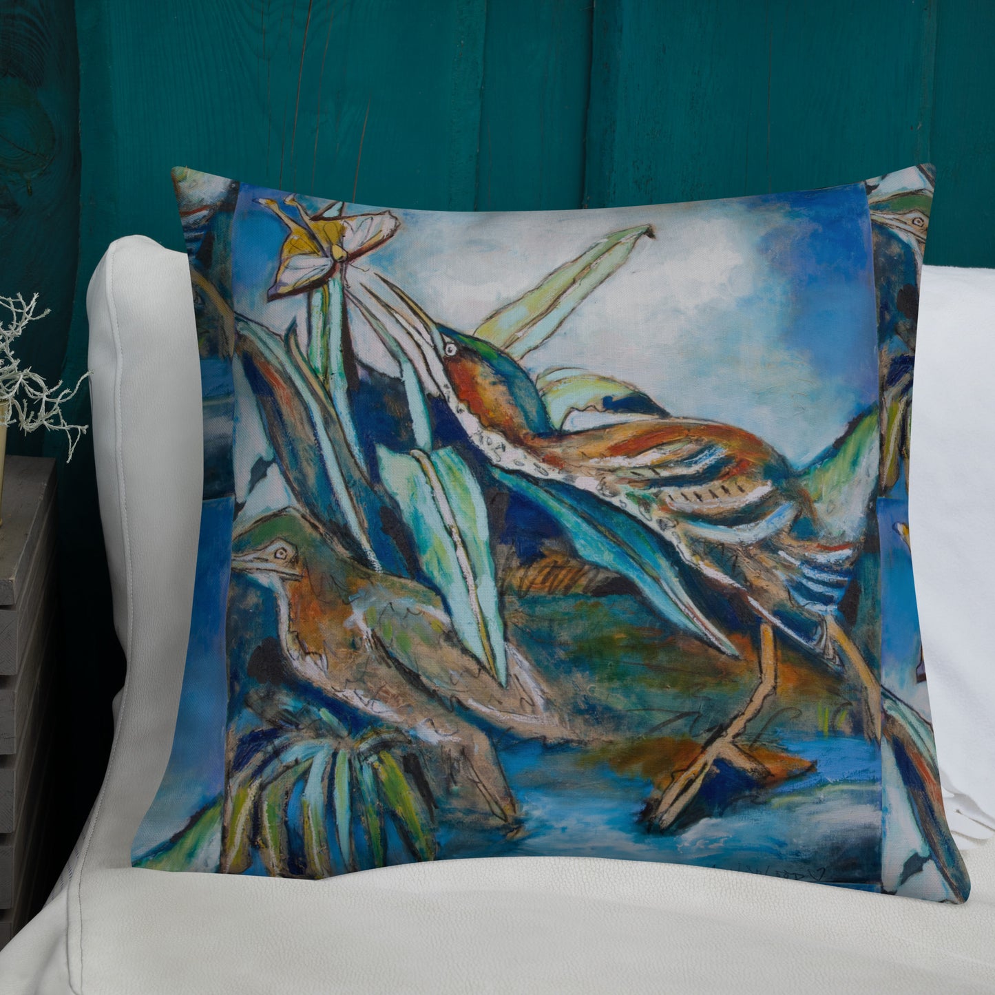 Green Herons Chasing Butterfly Premium Pillow