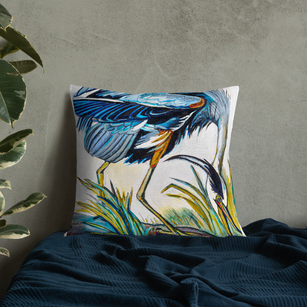 Blue Heron Catching Fish Premium Pillow