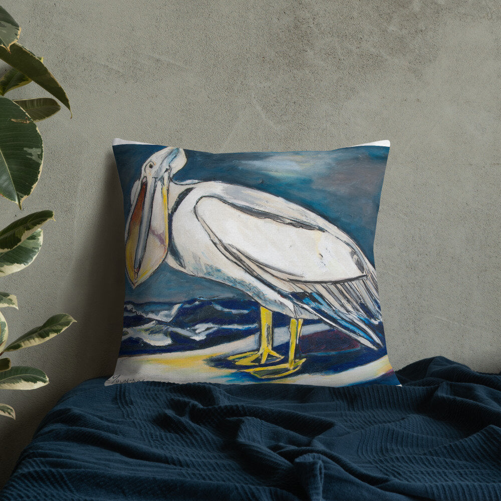 White Pelican on the Shore Premium Pillow