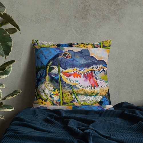 Gator with Wildflowers Pattern Premium Pillow