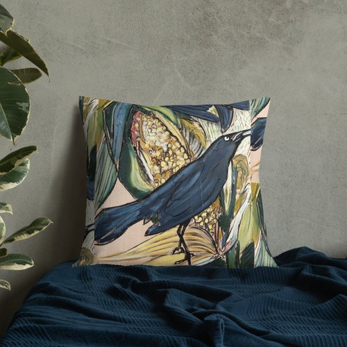 Grackle with Corn Pattern Premium Pillow