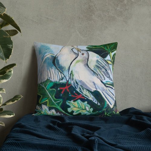 Doves in Abstract Landscape Premium Pillow