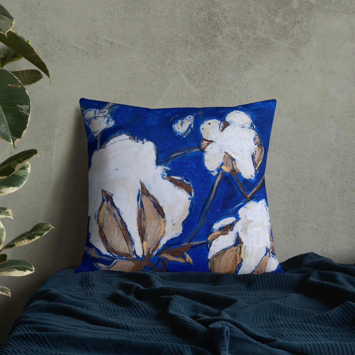 Cobalt Blue Cotton Stalks Premium Pillow