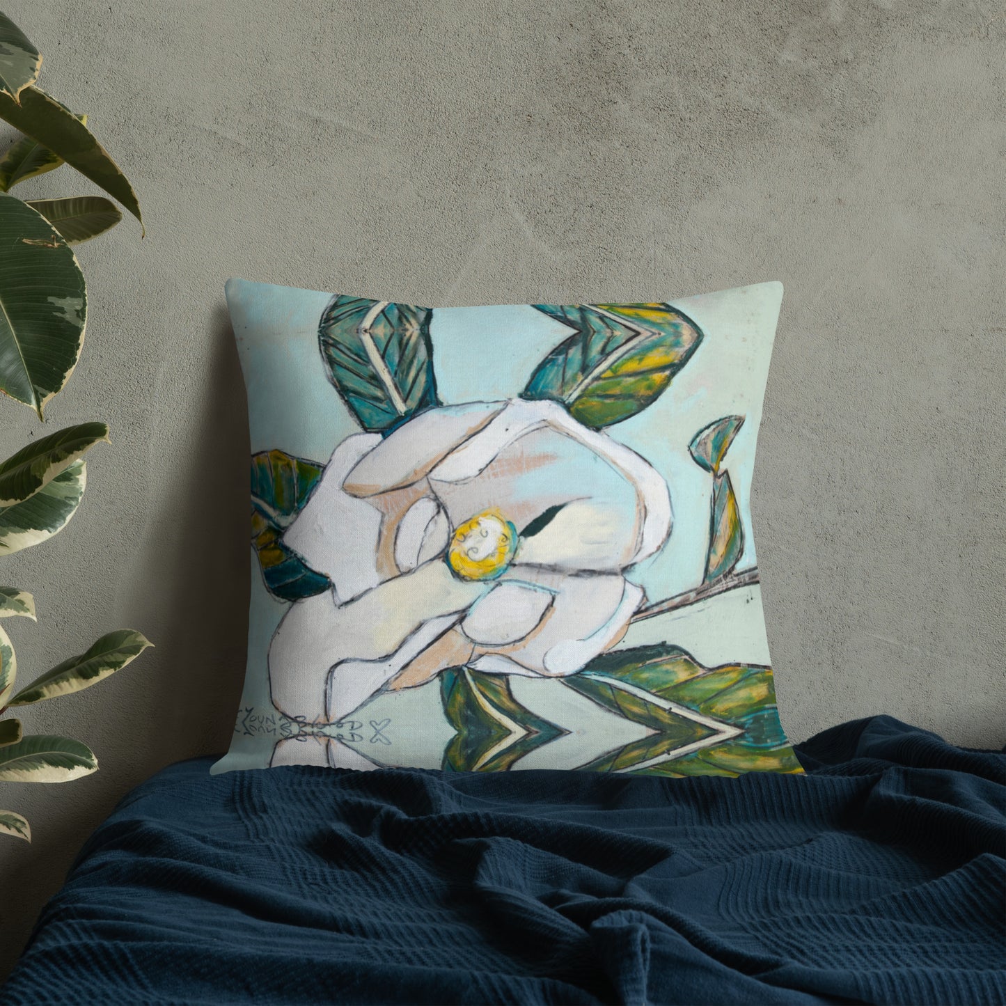 Magnolia with Soft Teal Premium Pillow