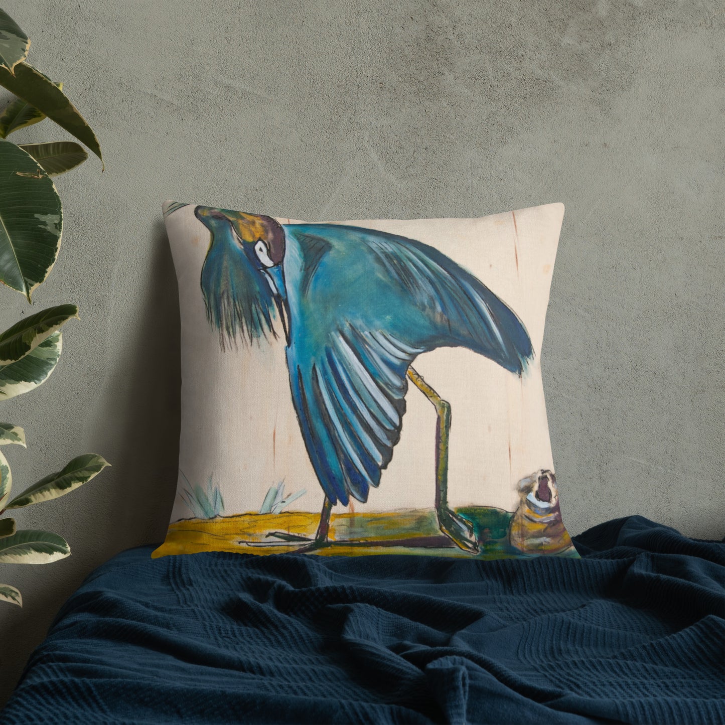 Blue Heron Showing Wing on Wood Premium Pillow