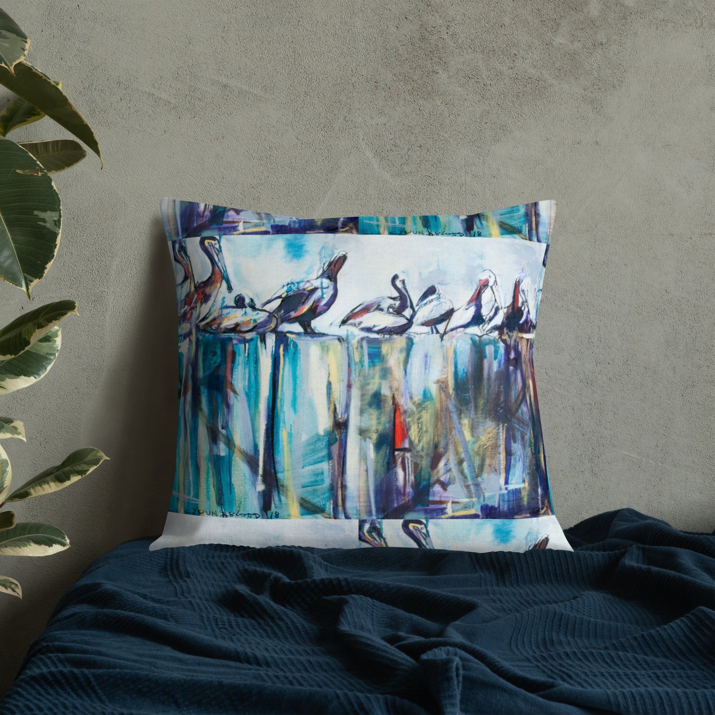 Bold Pelicans on the Pier Premium Pillow