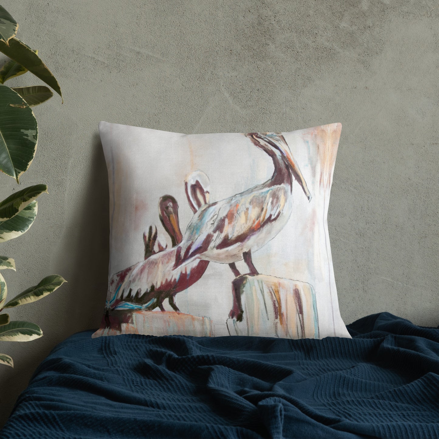 Pelicans in the Fog with Metallic Silver Premium Pillow