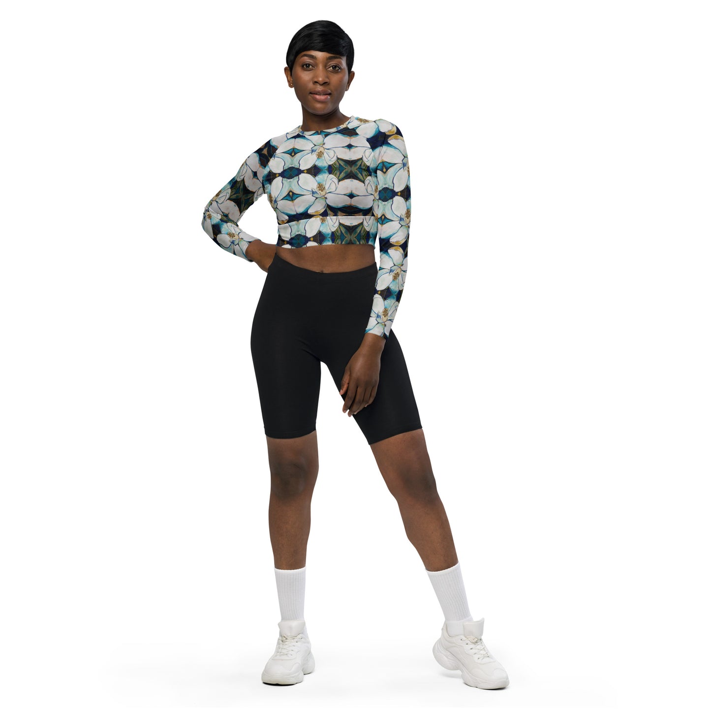 Indigo Magnolia Recycled long-sleeve crop top