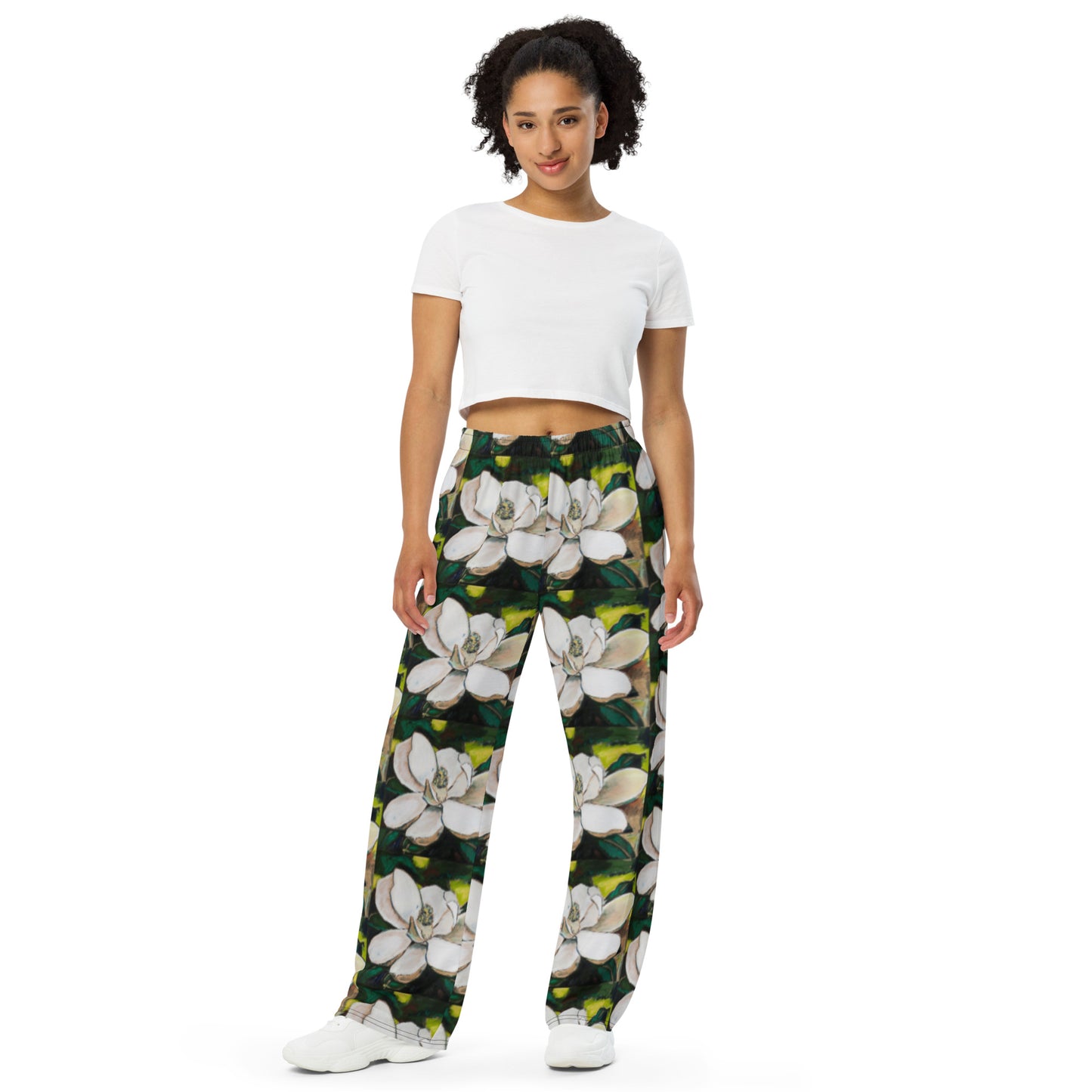 Magnolia on Wood All-over print unisex wide-leg pants