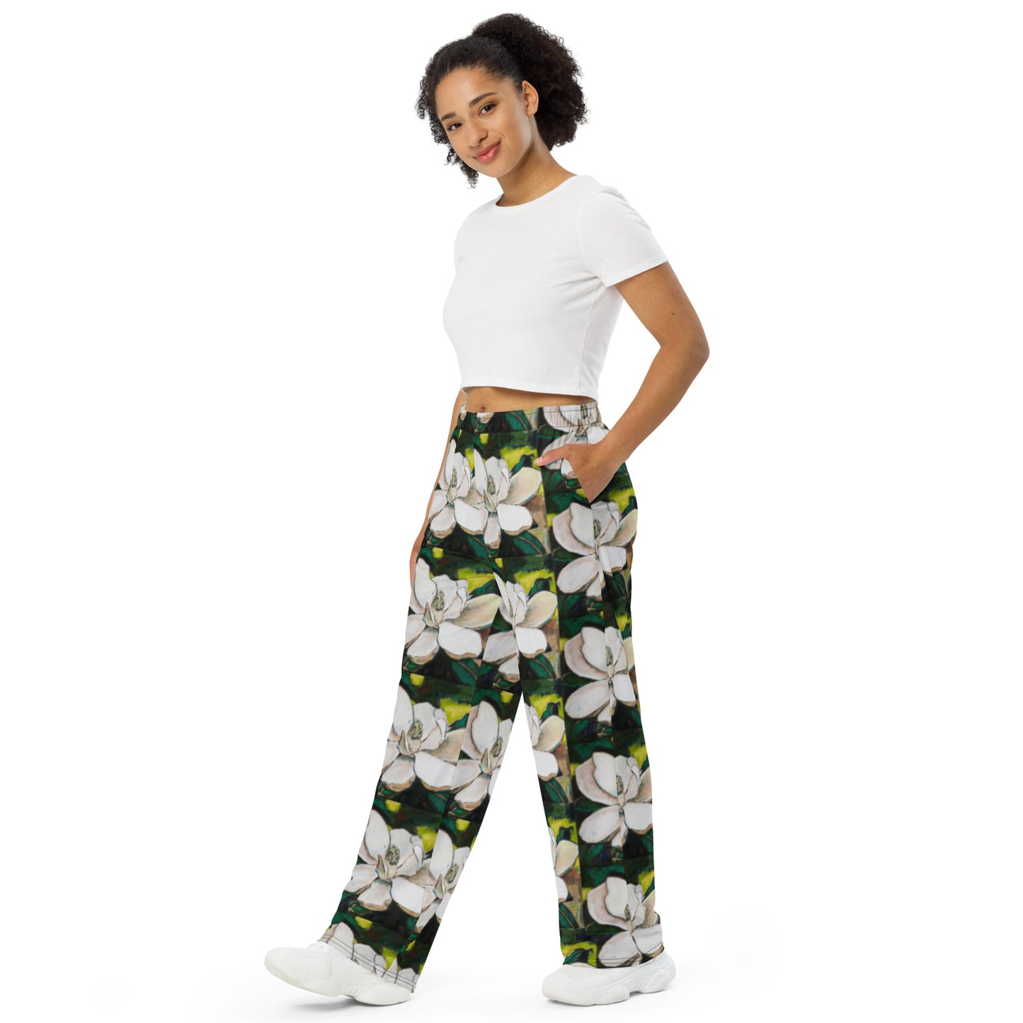 Magnolia on Wood All-over print unisex wide-leg pants