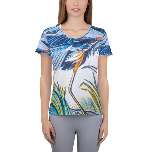 Blue Heron Catching Fish All-Over Print Women's Athletic T-shirt