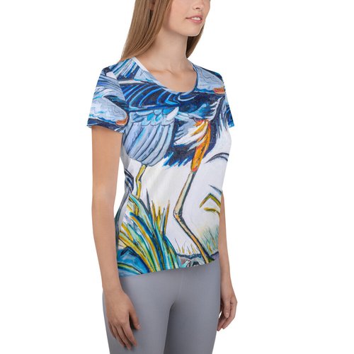 Blue Heron Catching Fish All-Over Print Women's Athletic T-shirt