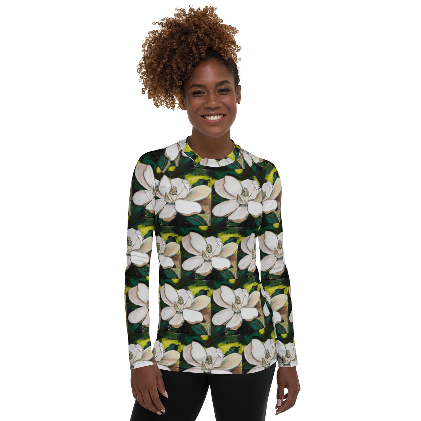 Magnolia on Wood Pattern Women's Rash Guard