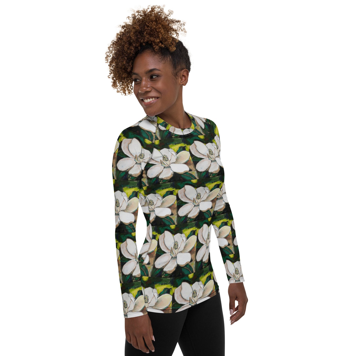 Magnolia on Wood Pattern Women's Rash Guard