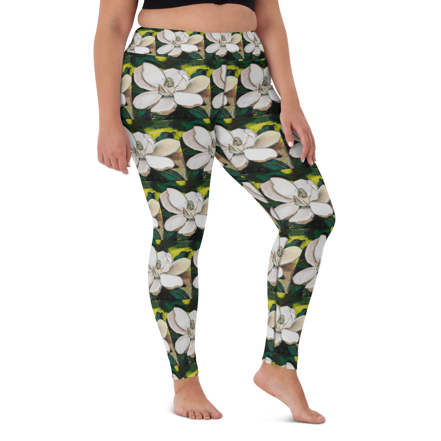 Magnolia on Wood Pattern Yoga Leggings