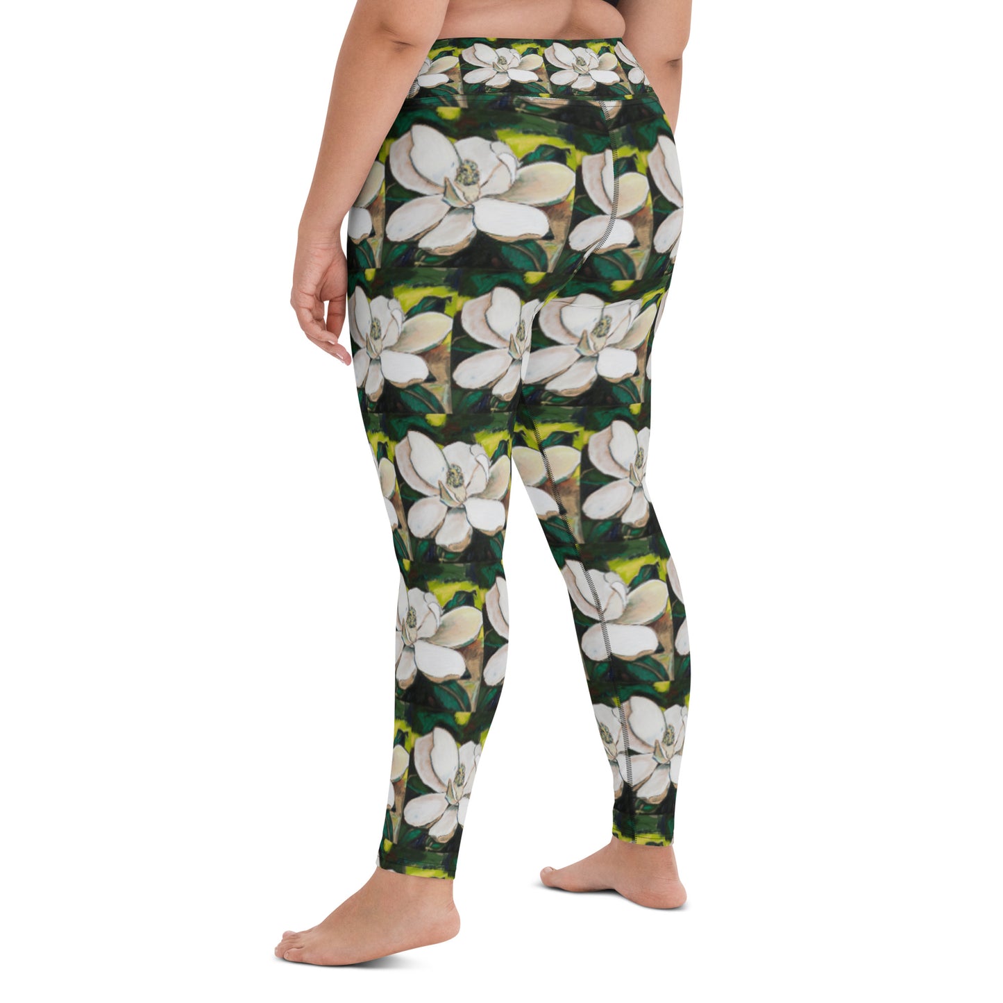 Magnolia on Wood Pattern Yoga Leggings