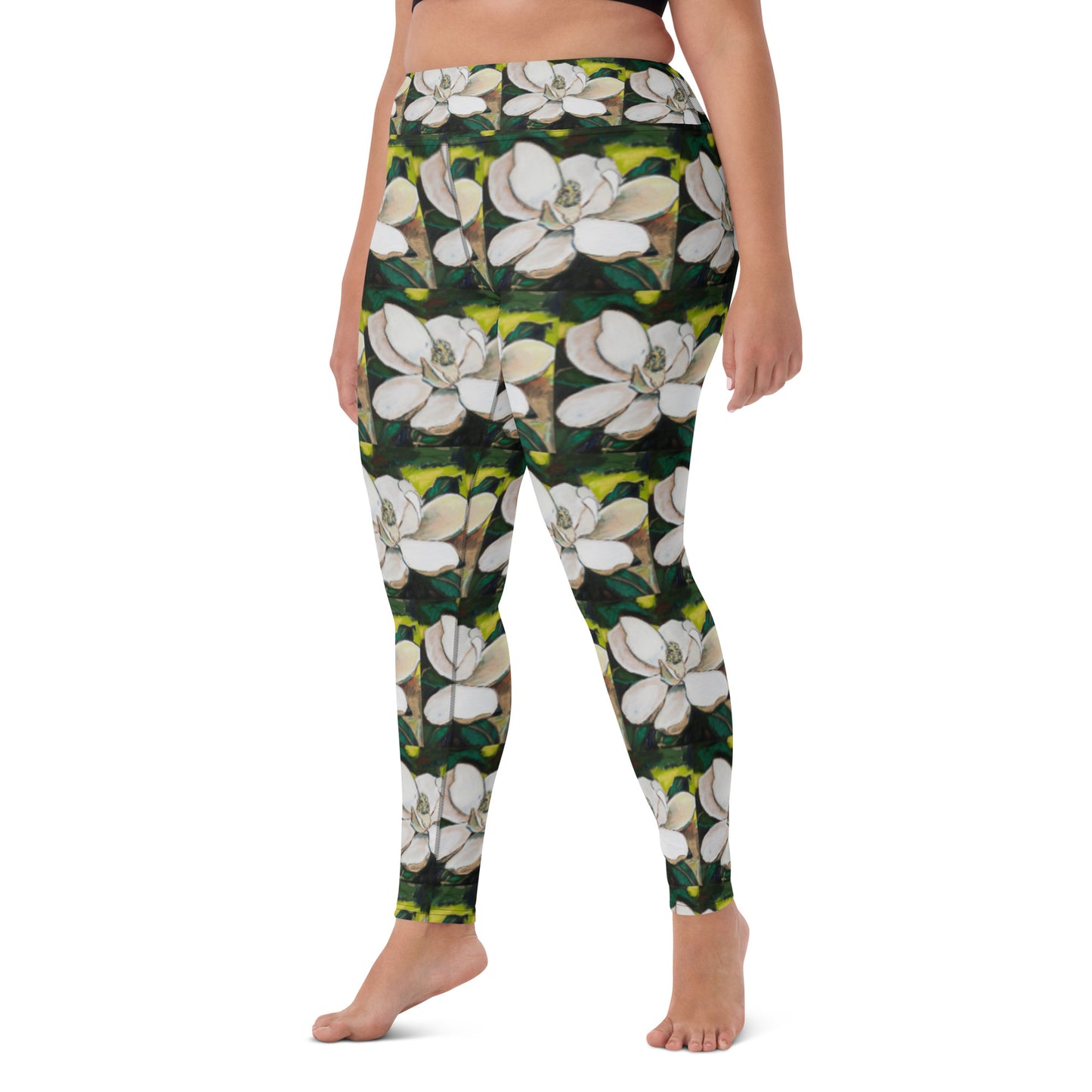 Magnolia on Wood Pattern Yoga Leggings