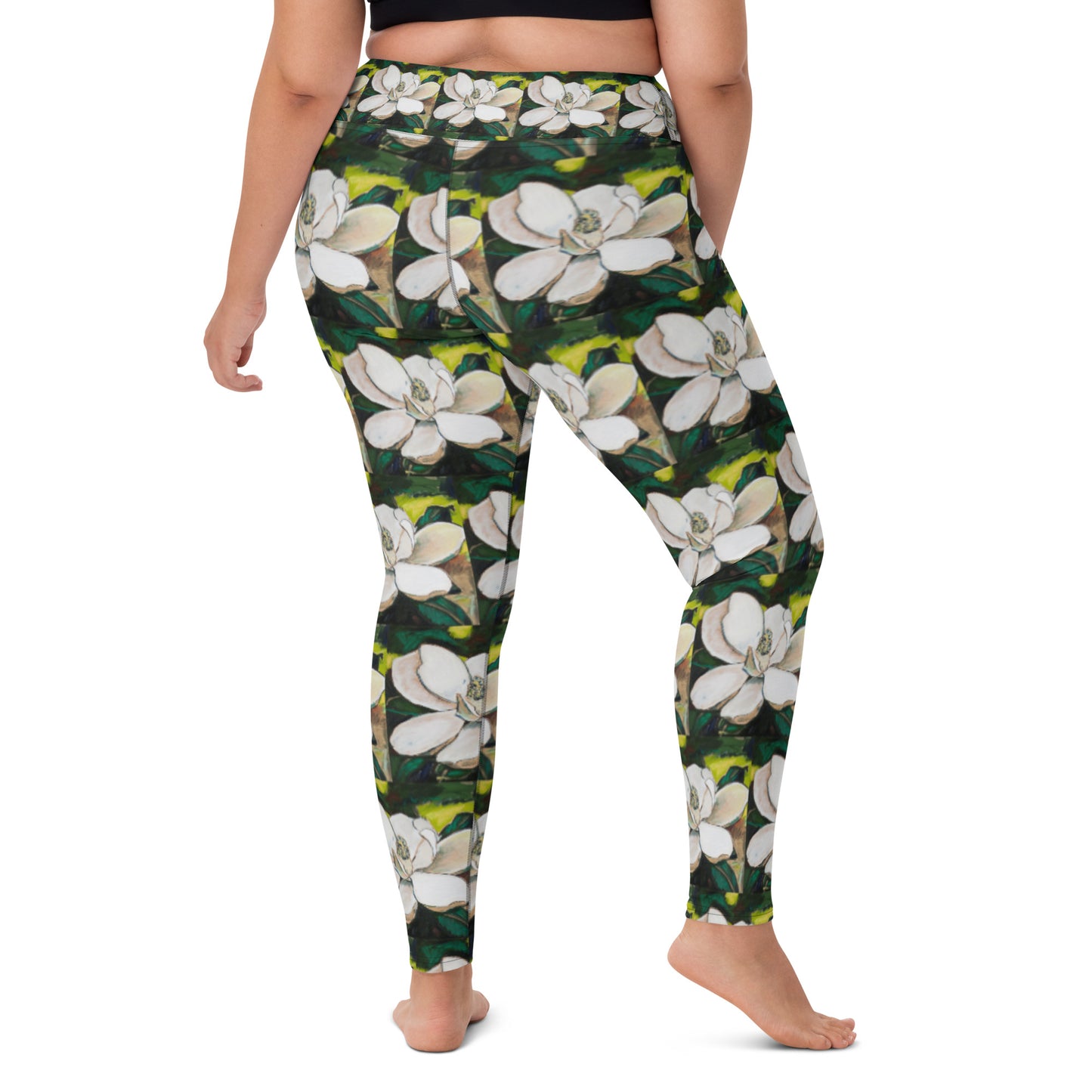 Magnolia on Wood Pattern Yoga Leggings