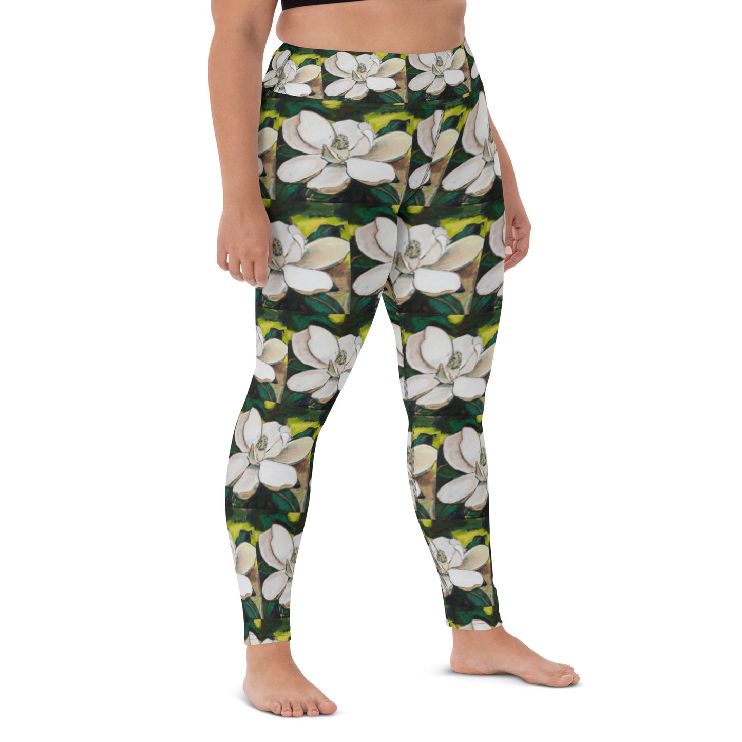 Magnolia on Wood Pattern Yoga Leggings