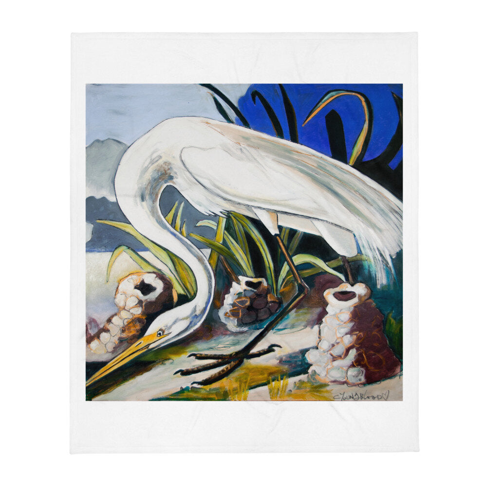 White Egret with Crawfish Piles Throw Blanket