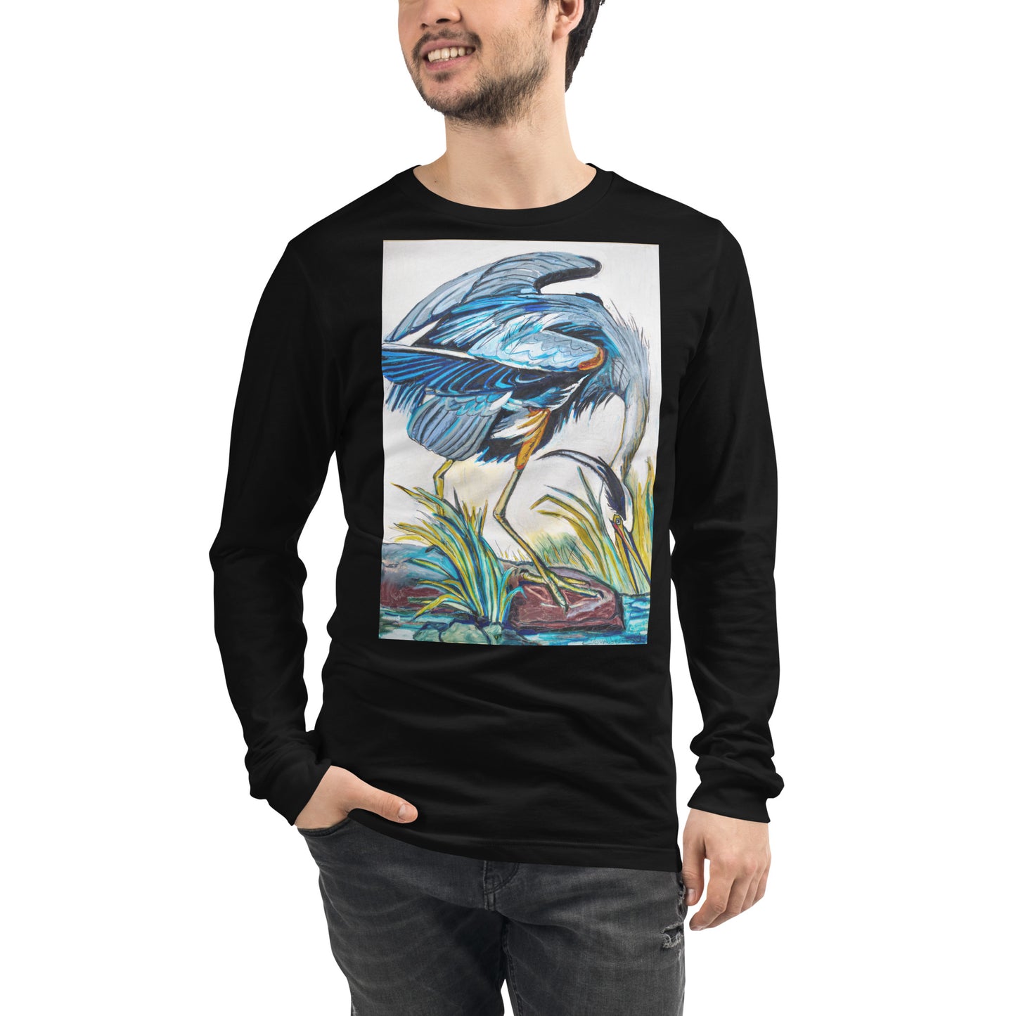 Blue Heron Catching Fish Unisex Long Sleeve Tee