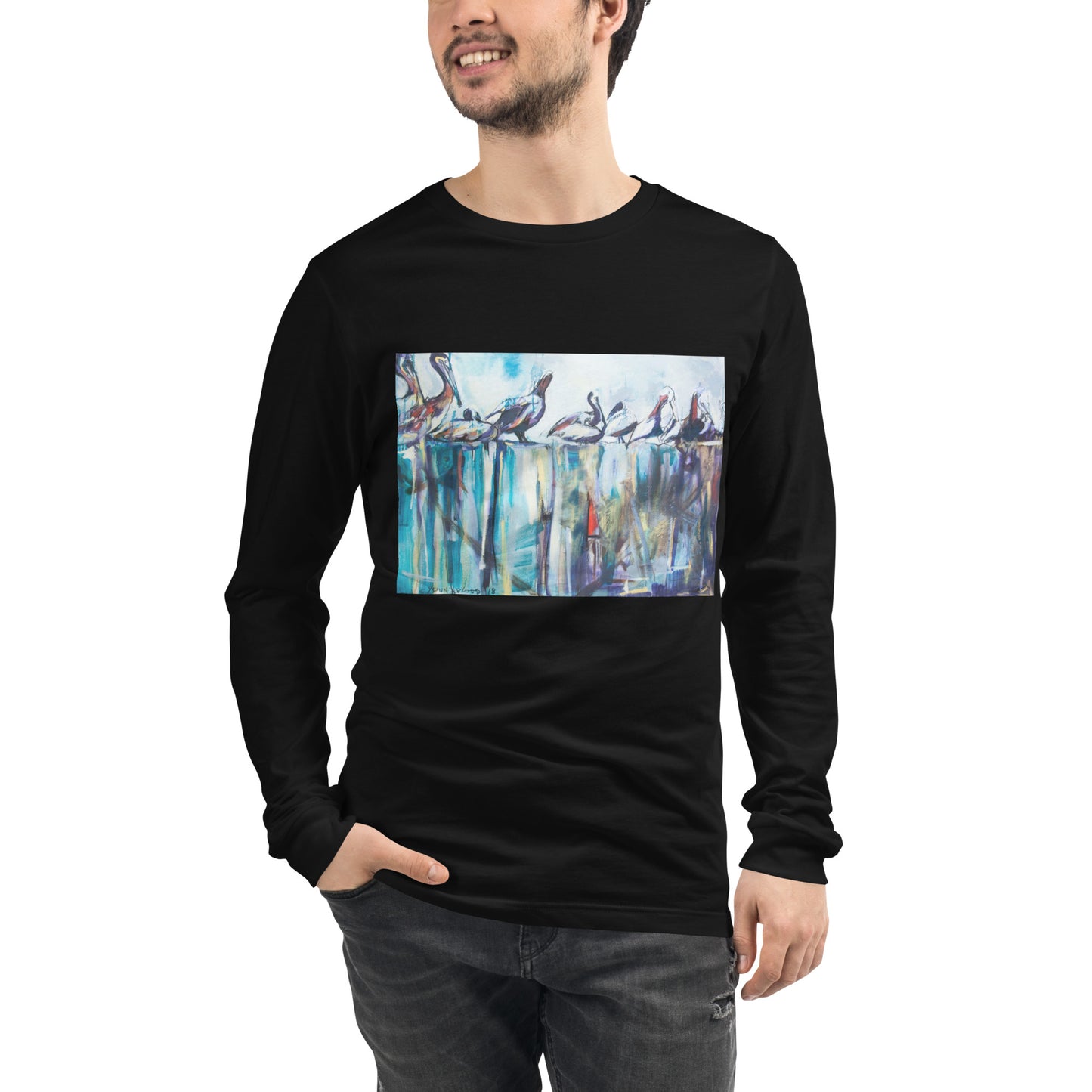 Bold Pelicans on the Pier Unisex Long Sleeve Tee