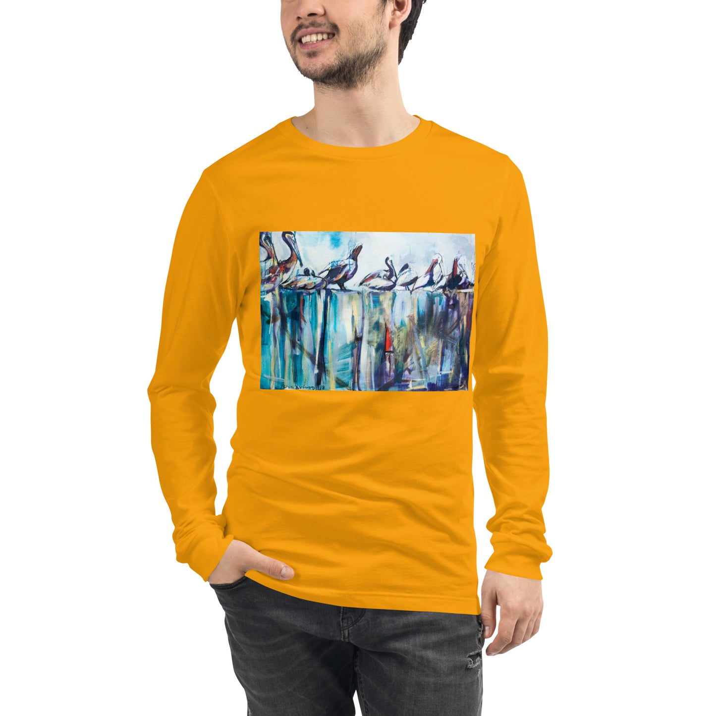 Bold Pelicans on the Pier Unisex Long Sleeve Tee