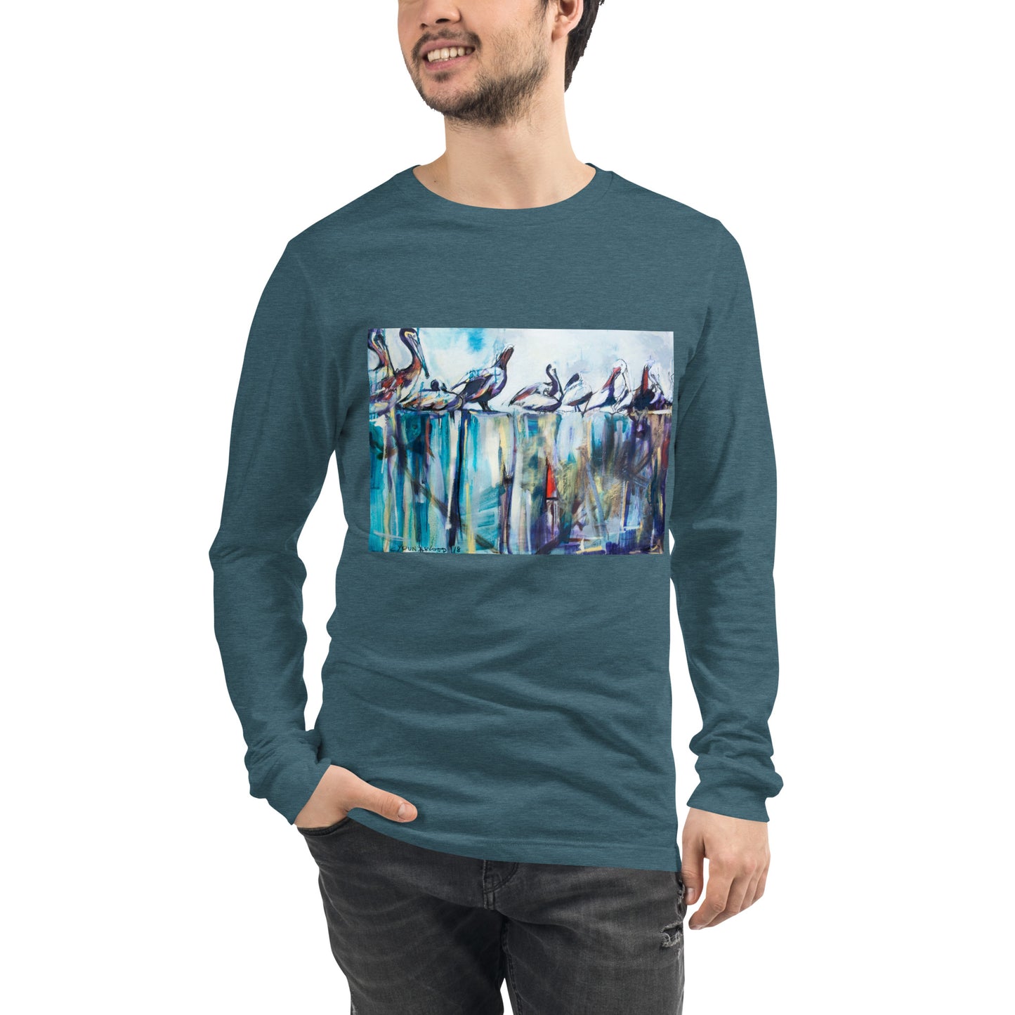 Bold Pelicans on the Pier Unisex Long Sleeve Tee