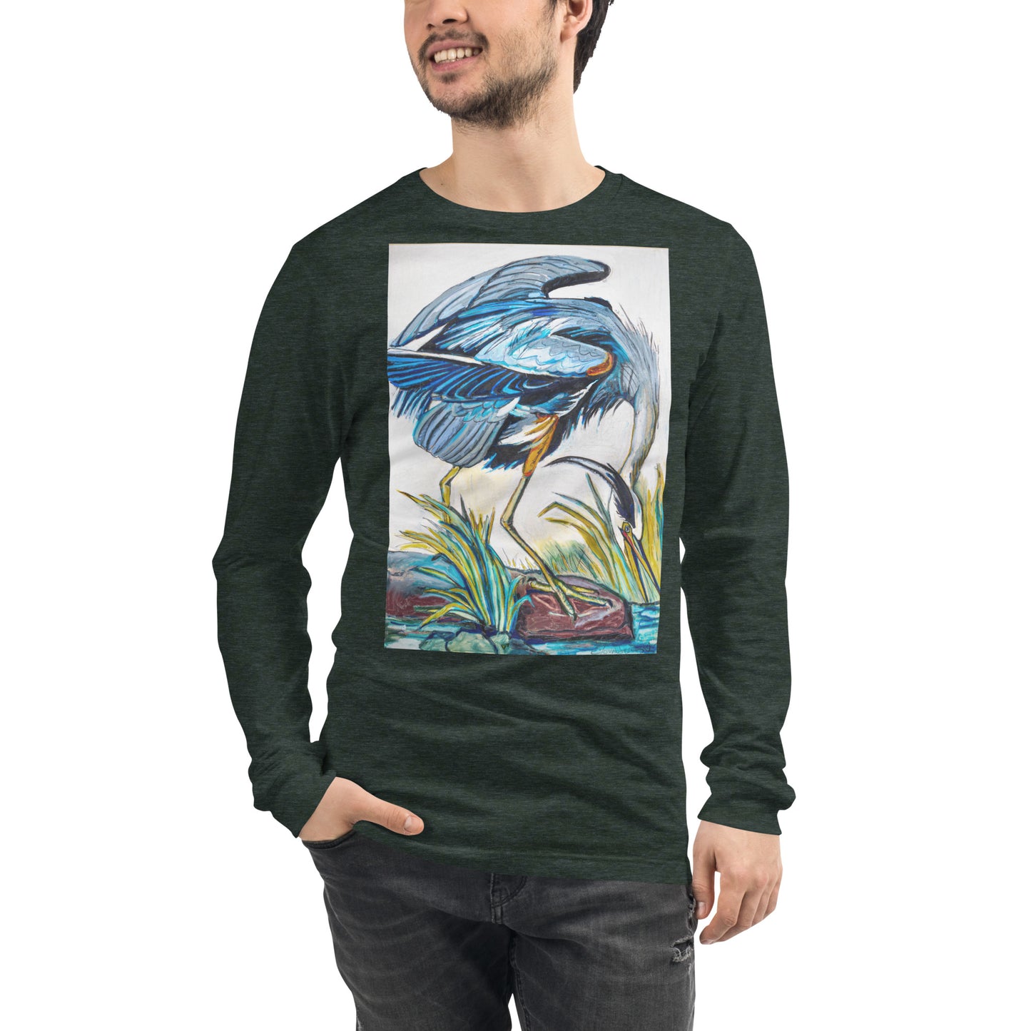 Blue Heron Catching Fish Unisex Long Sleeve Tee