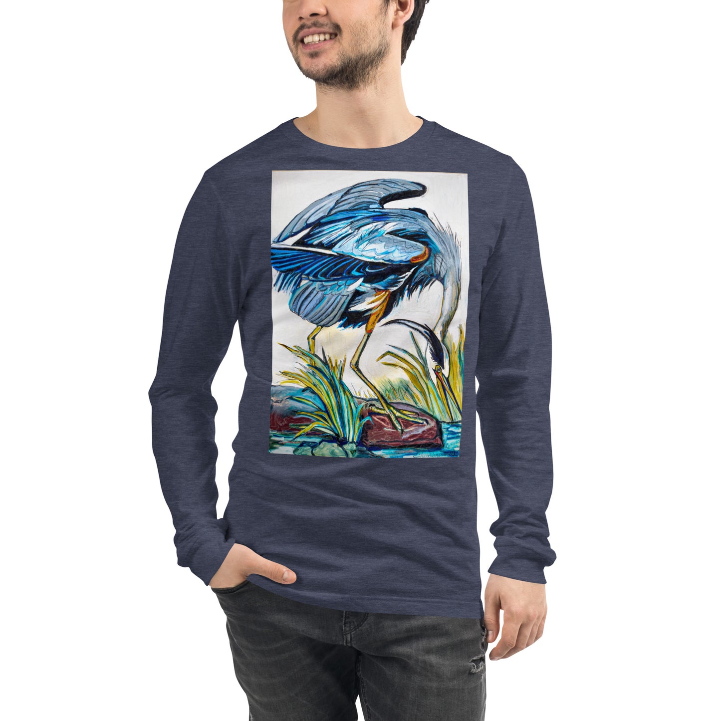 Blue Heron Catching Fish Unisex Long Sleeve Tee