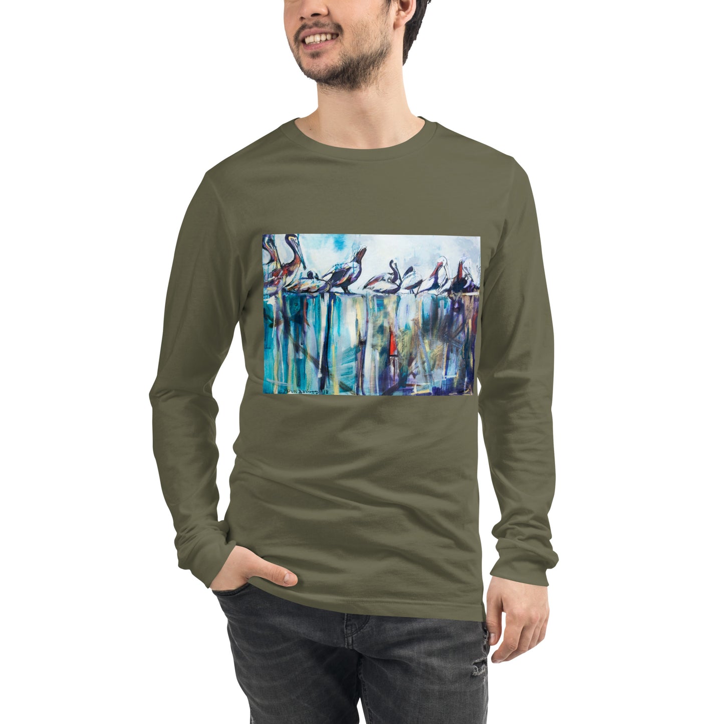 Bold Pelicans on the Pier Unisex Long Sleeve Tee