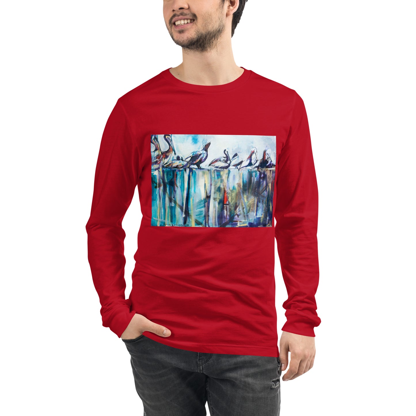 Bold Pelicans on the Pier Unisex Long Sleeve Tee