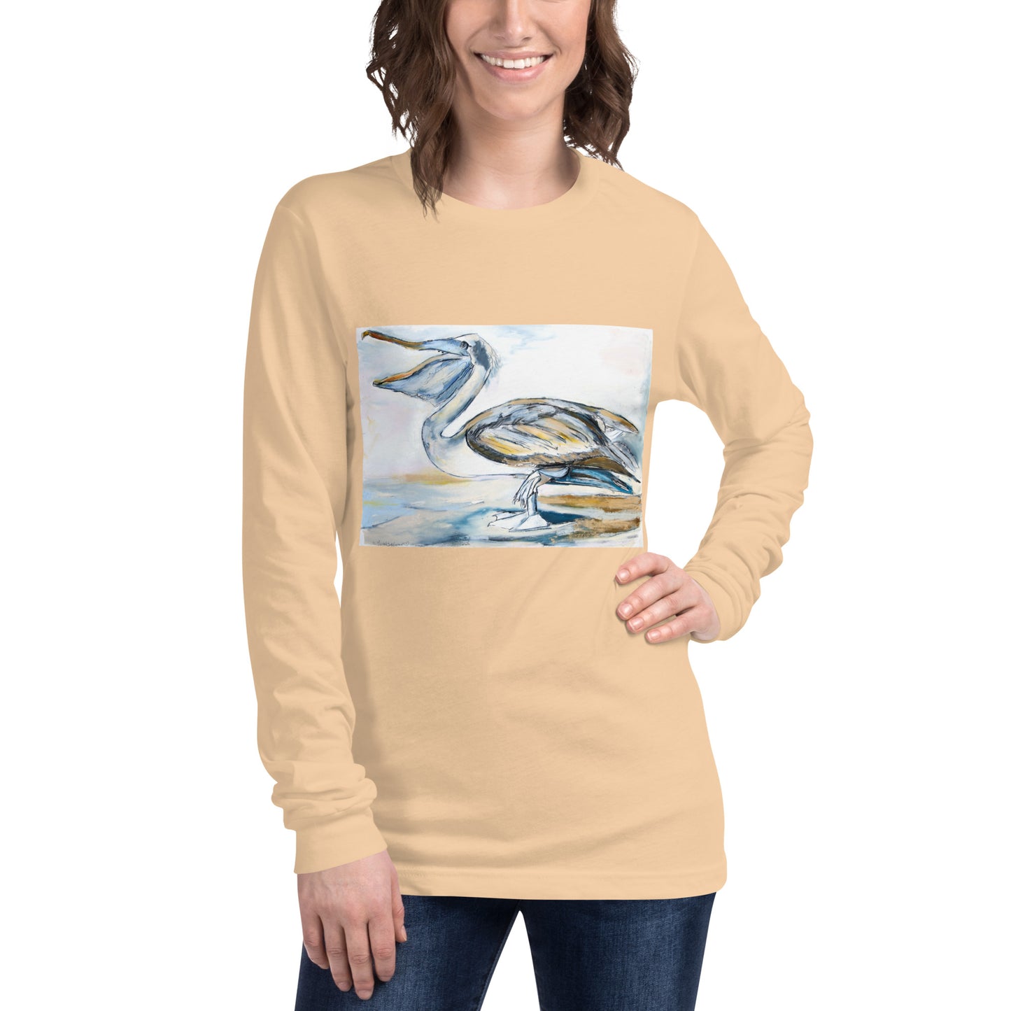 Brown Pelican on the Shore Unisex Long Sleeve Tee