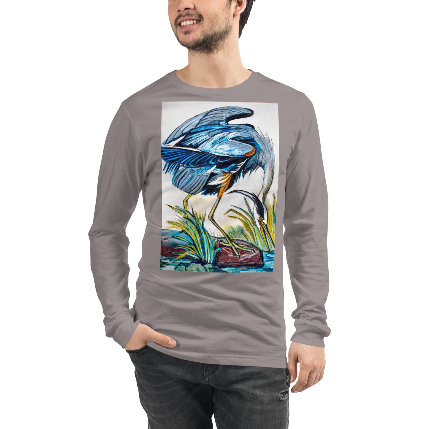 Blue Heron Catching Fish Unisex Long Sleeve Tee