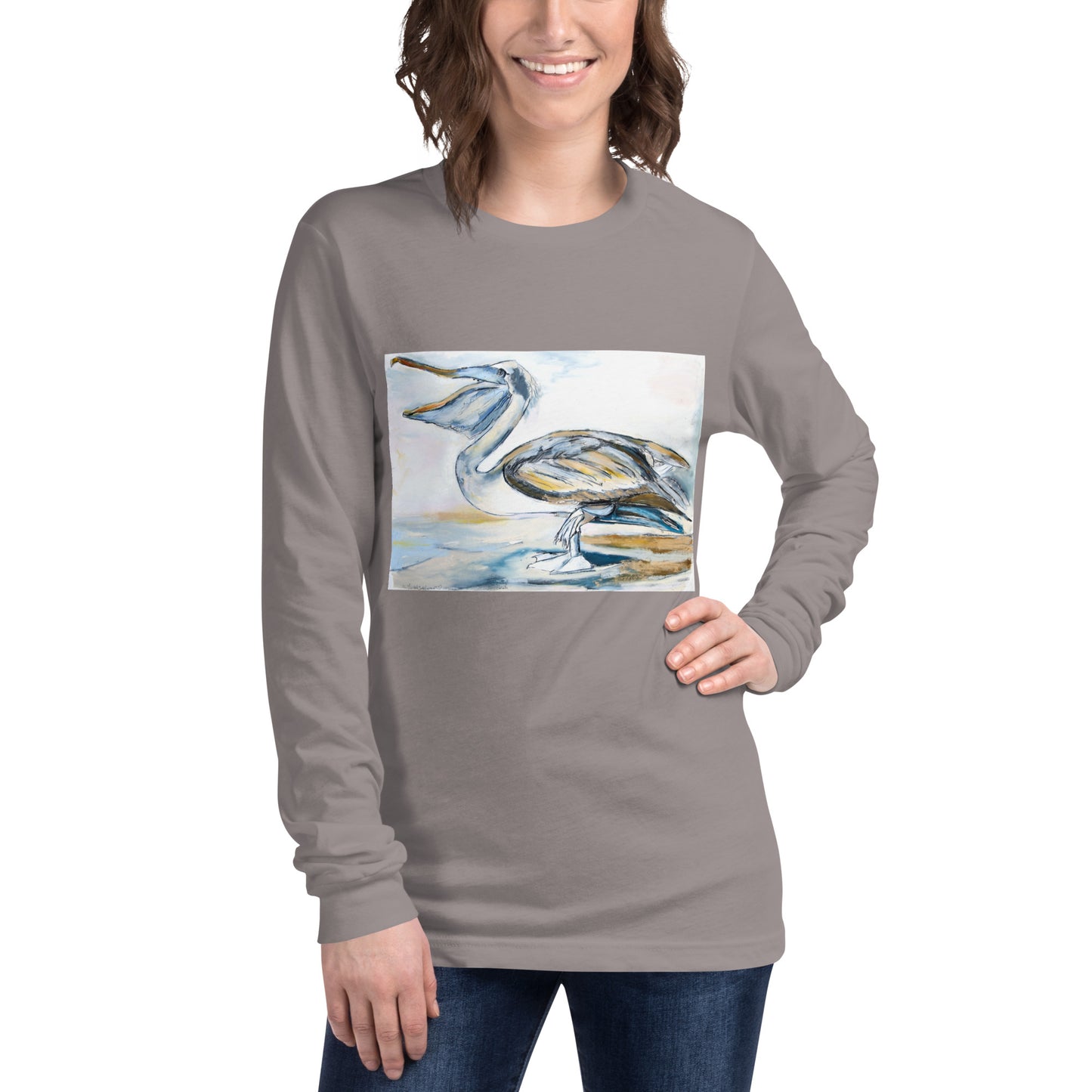 Brown Pelican on the Shore Unisex Long Sleeve Tee