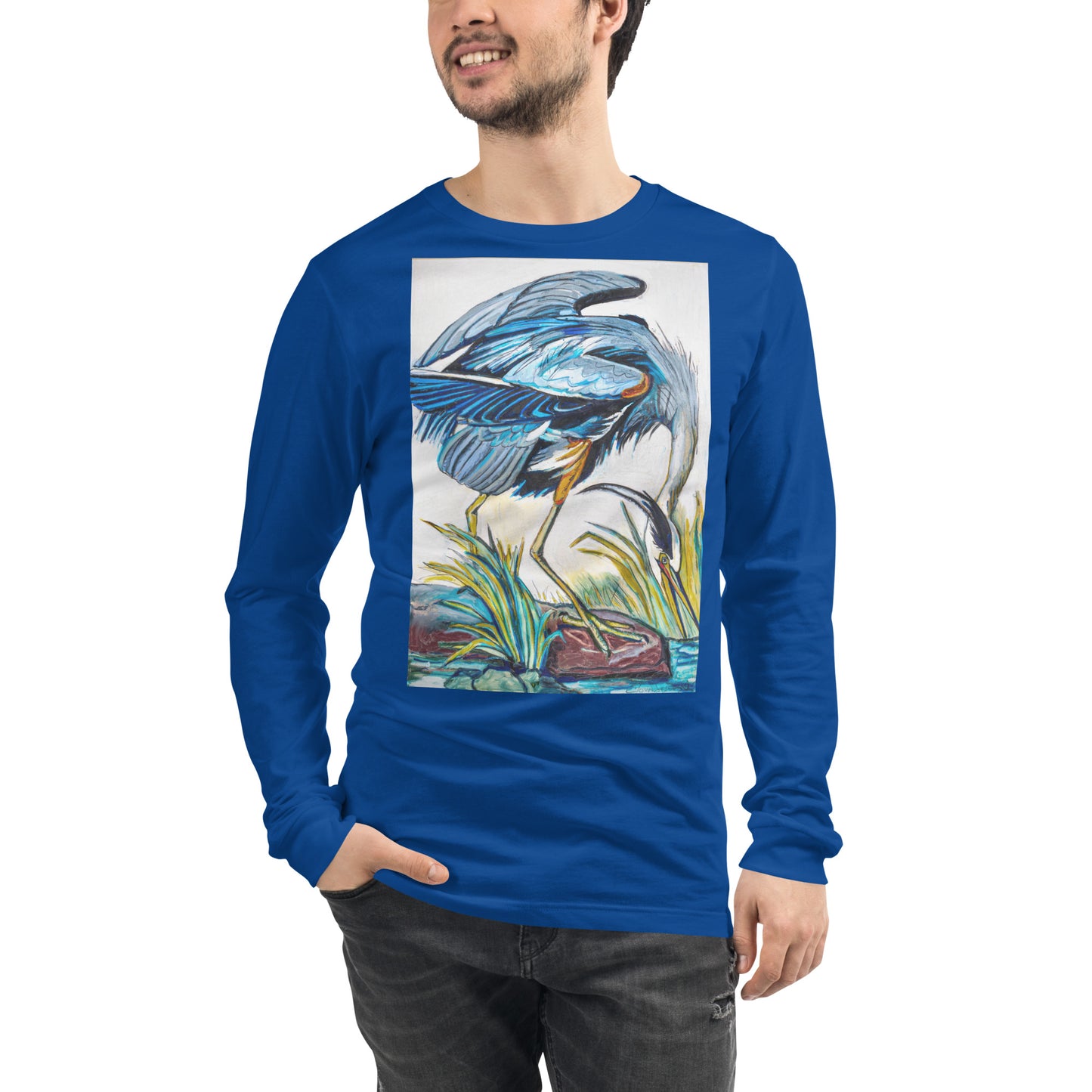 Blue Heron Catching Fish Unisex Long Sleeve Tee