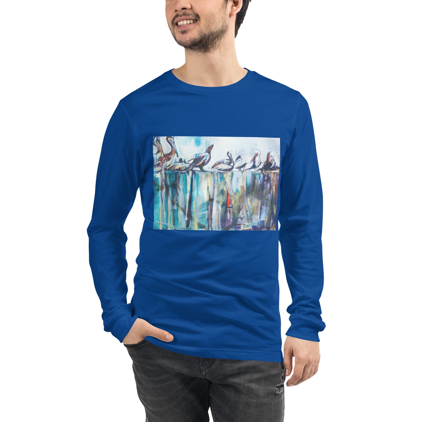 Bold Pelicans on the Pier Unisex Long Sleeve Tee