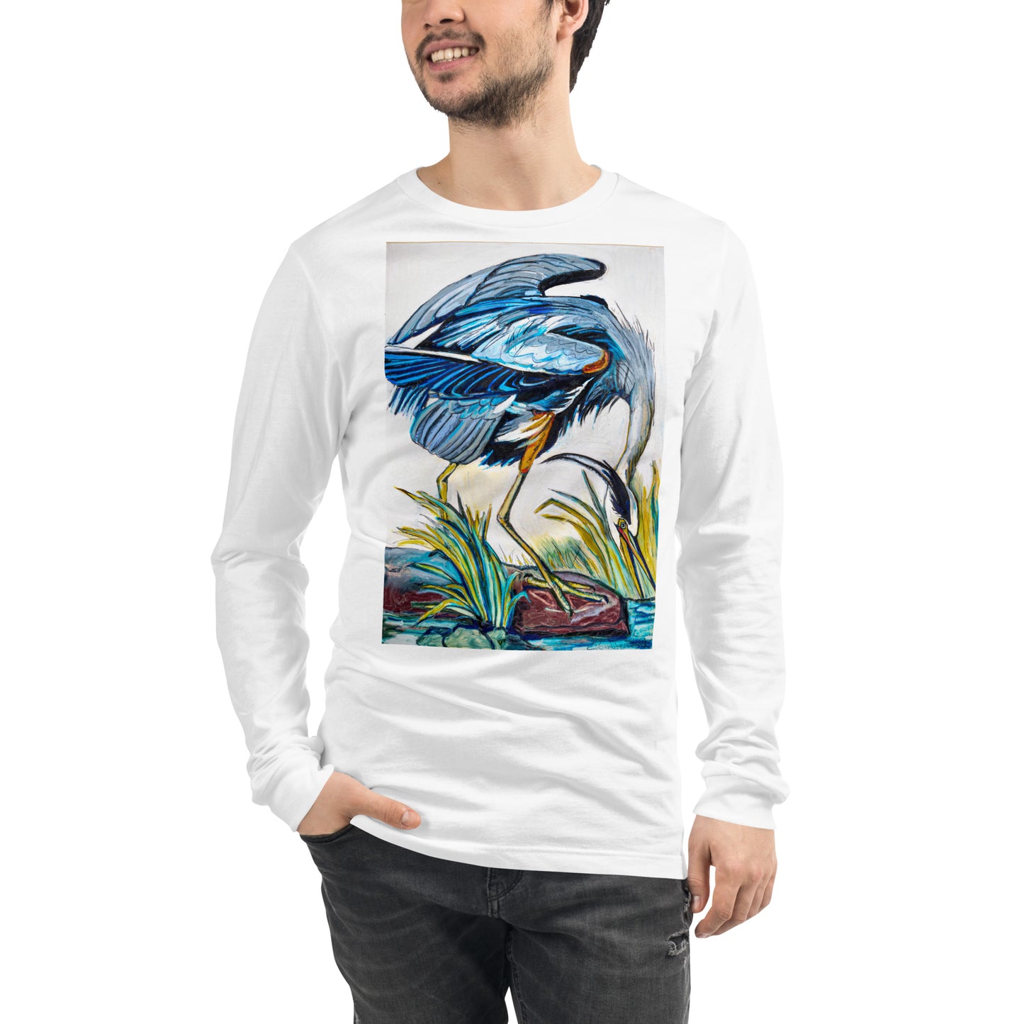 Blue Heron Catching Fish Unisex Long Sleeve Tee