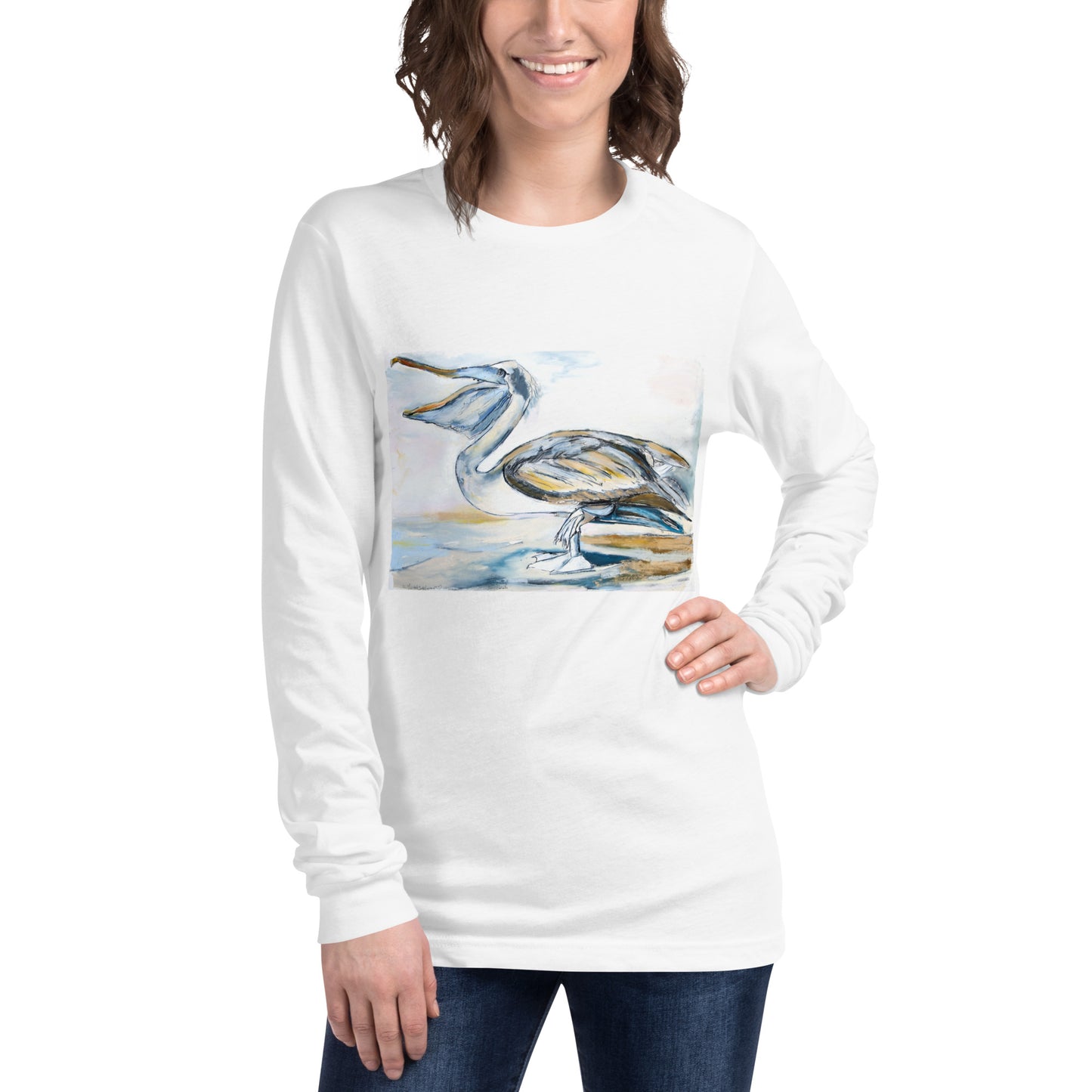 Brown Pelican on the Shore Unisex Long Sleeve Tee
