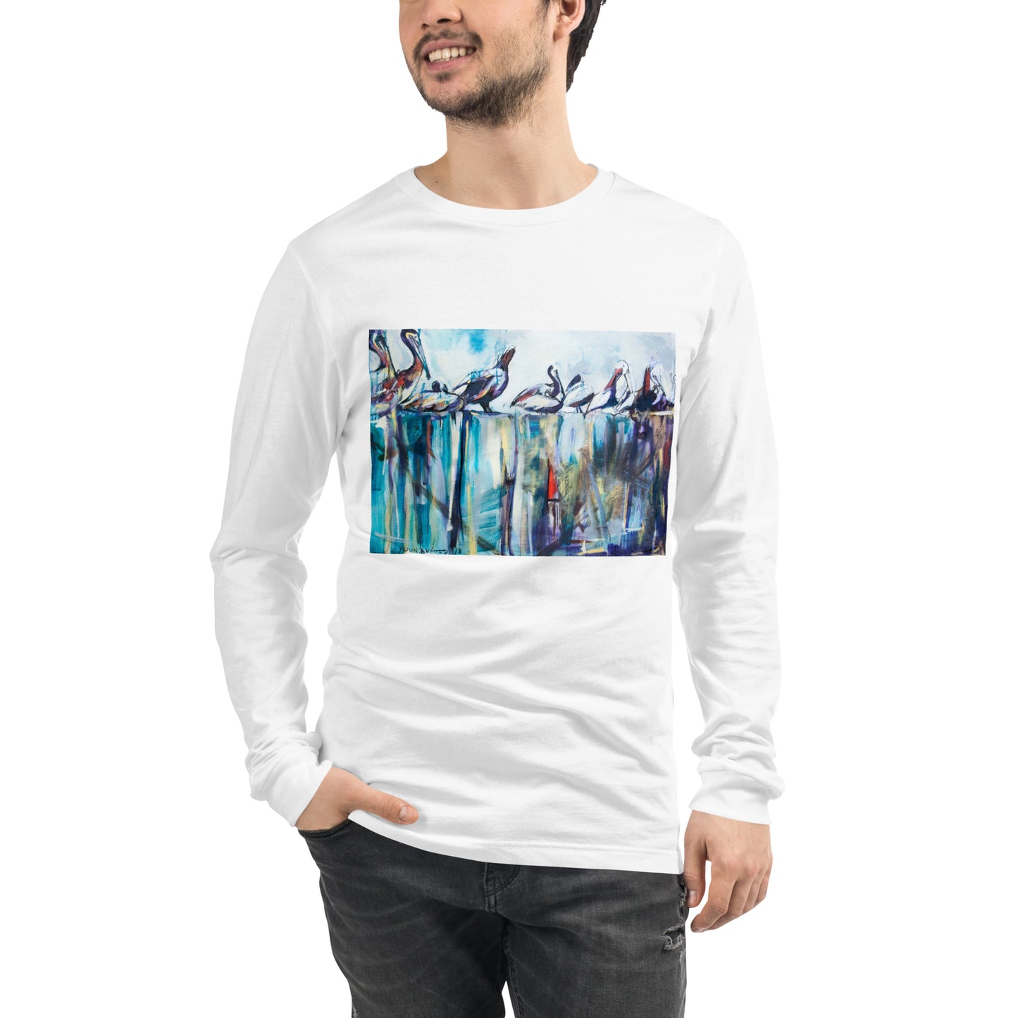 Bold Pelicans on the Pier Unisex Long Sleeve Tee