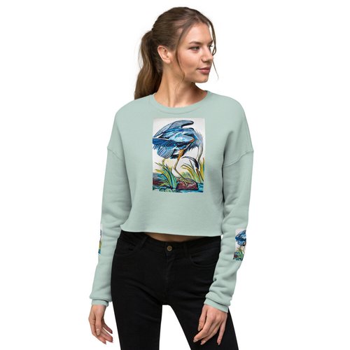 Blue Heron Catching Fish Crop Sweatshirt