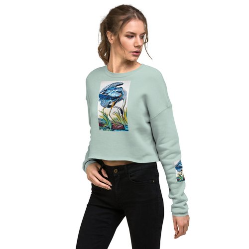 Blue Heron Catching Fish Crop Sweatshirt