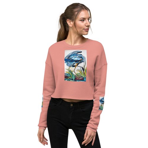 Blue Heron Catching Fish Crop Sweatshirt