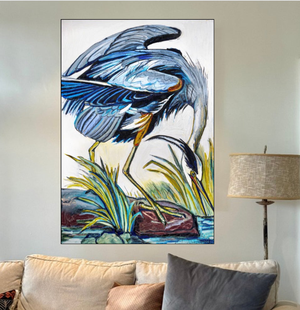 30% off (36x53”) Blue Heron Catching Fish signed giclee on canvas