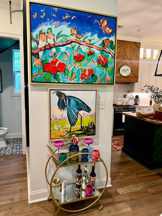 “Blue Heron Showing Wing” (24x24”) giclee on canvas with Natural Wood Floating Frame
