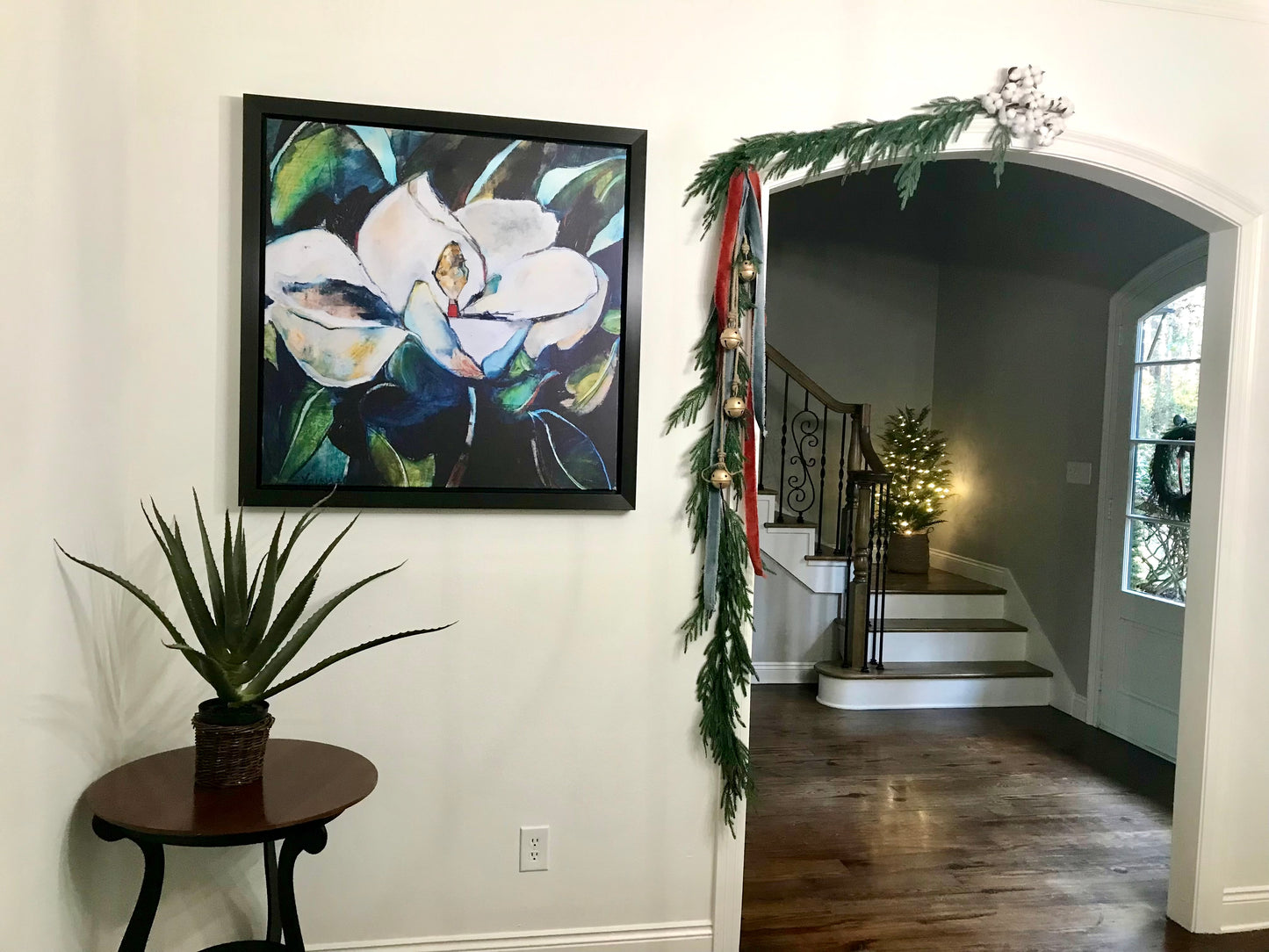 Teal Magnolia (36x36”) charcoal floating frame